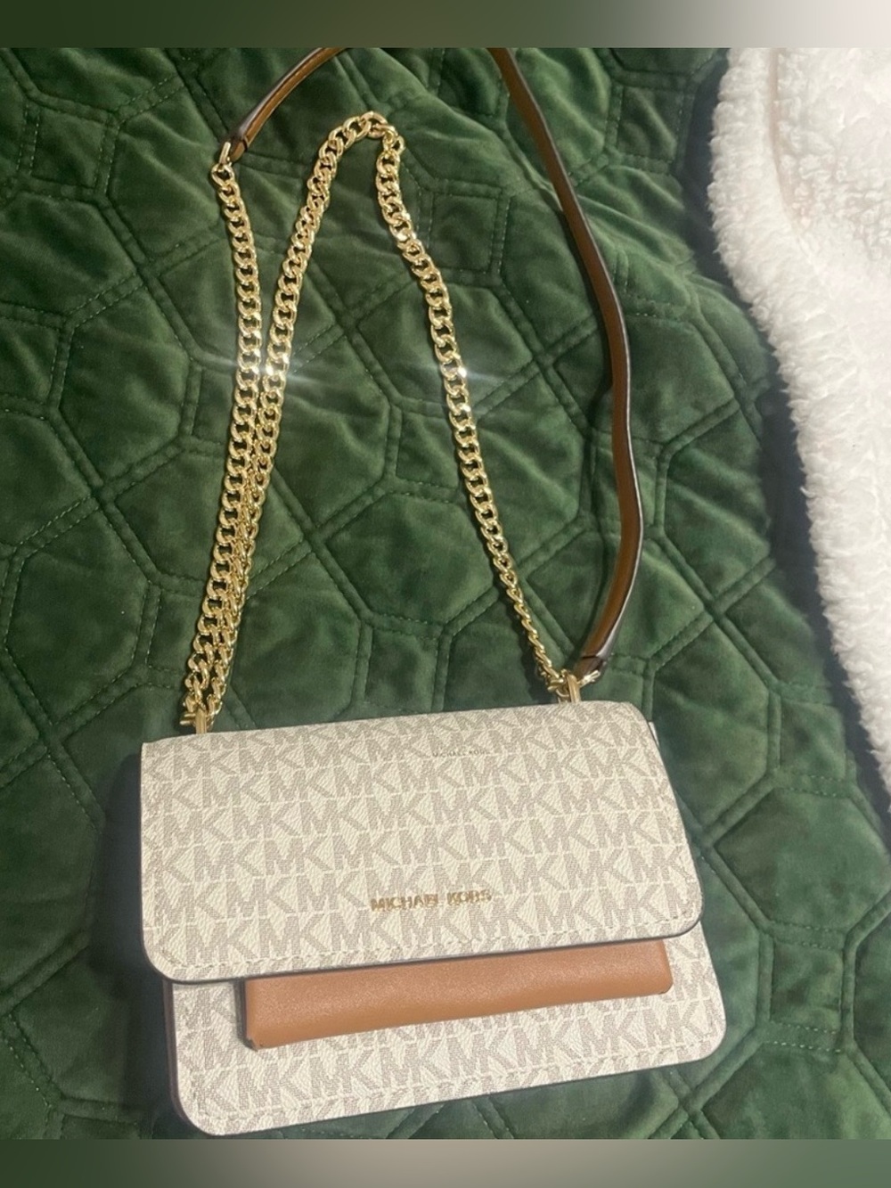 Michael Kors Cream Logo Crossbody with Tan Trim and Gold Chain